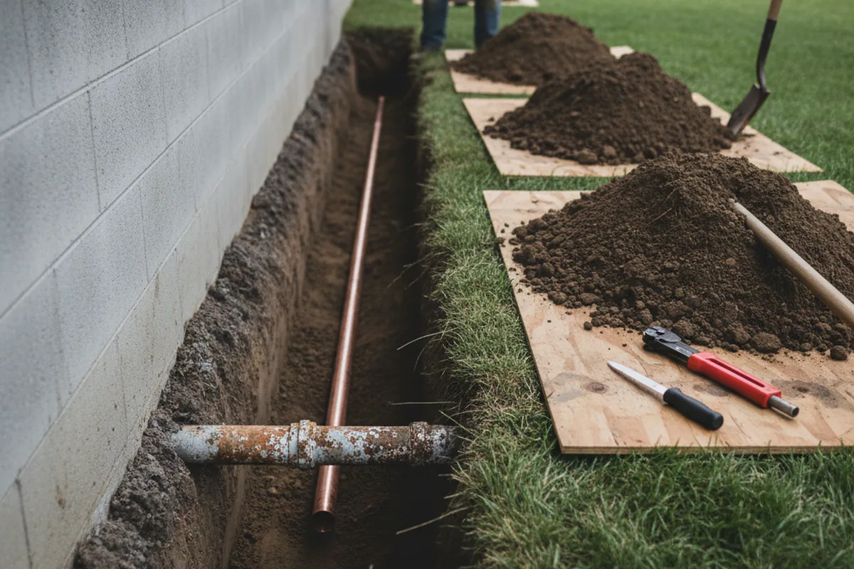 Excavated water line trench during Water Heater Repair in Larimer